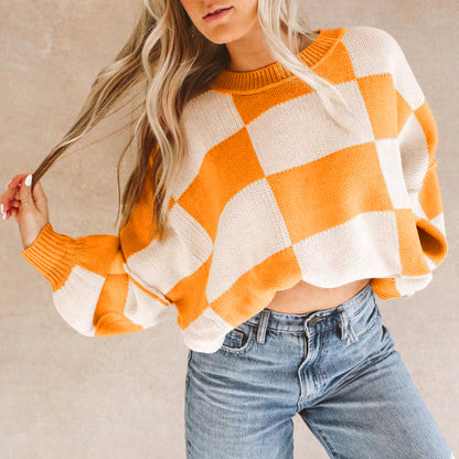 Orange Checkered Bishop Sleeve Sweater