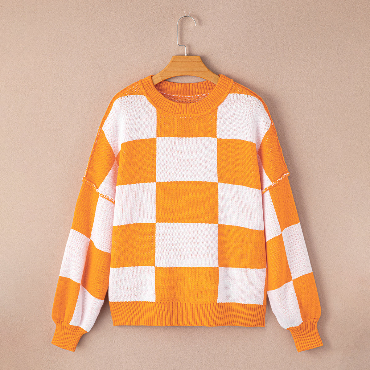 Orange Checkered Bishop Sleeve Sweater