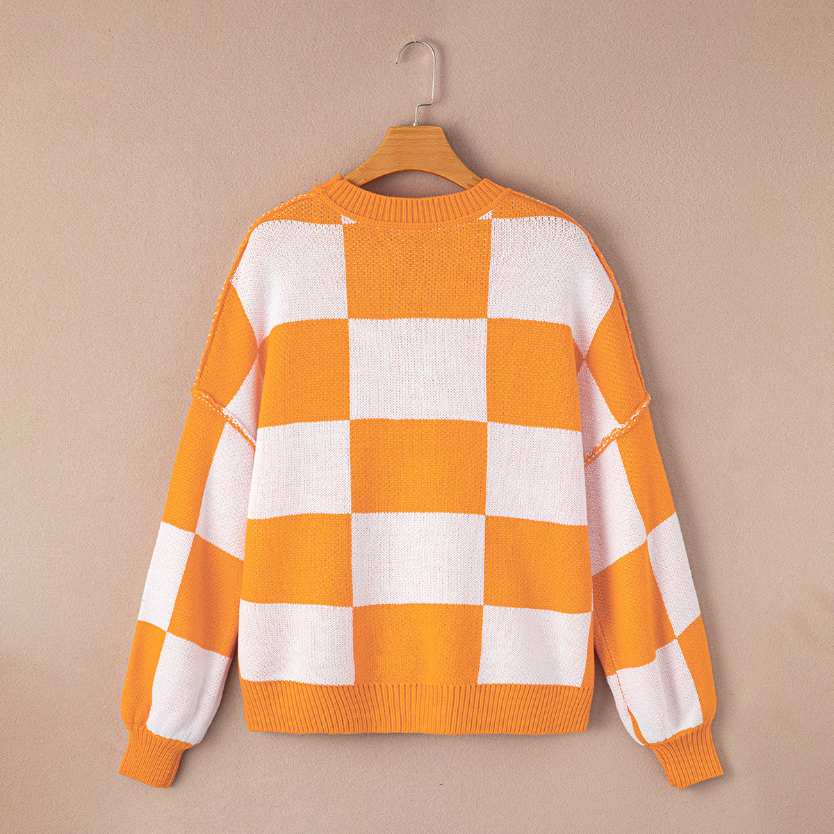 Orange Checkered Bishop Sleeve Sweater