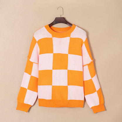 Orange Checkered Bishop Sleeve Sweater