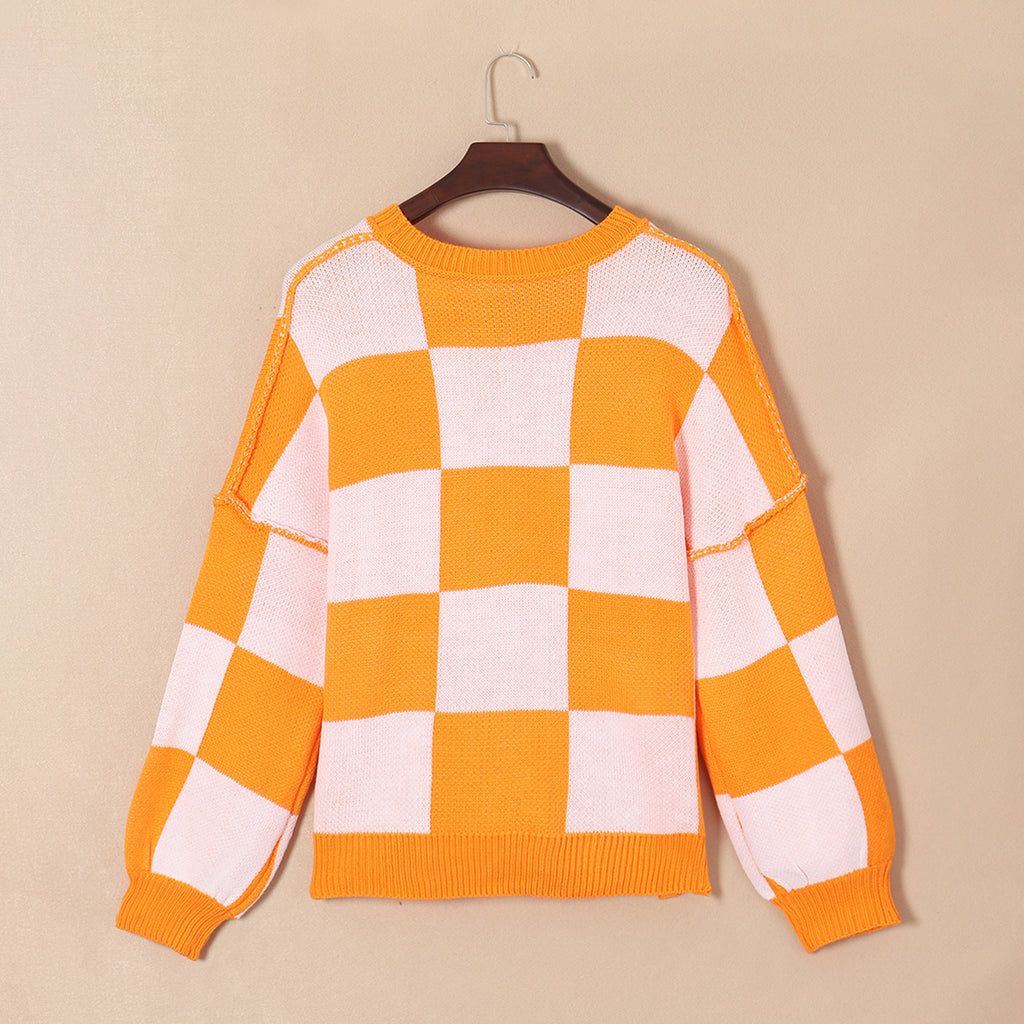 Orange Checkered Bishop Sleeve Sweater