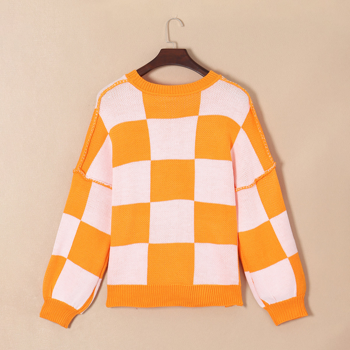 Orange Checkered Bishop Sleeve Sweater