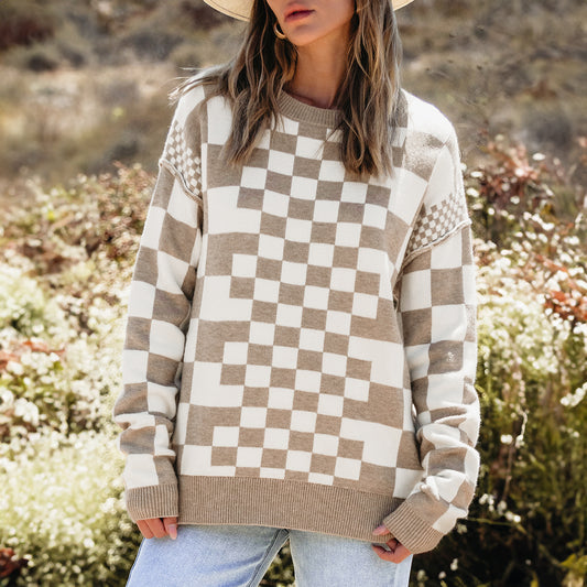 Khaki Checkered Print Drop Shoulder Round Neck Sweater