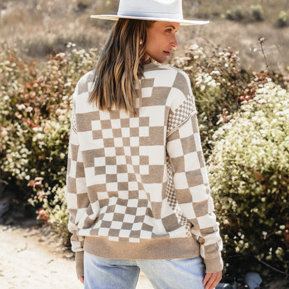 Khaki Checkered Print Drop Shoulder Round Neck Sweater