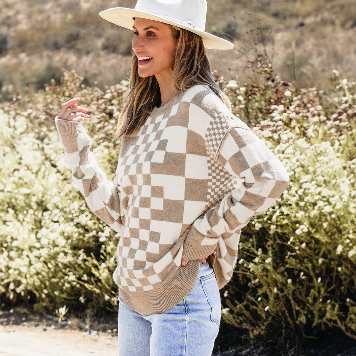Khaki Checkered Print Drop Shoulder Round Neck Sweater