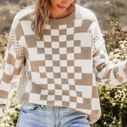 Khaki Checkered Print Drop Shoulder Round Neck Sweater