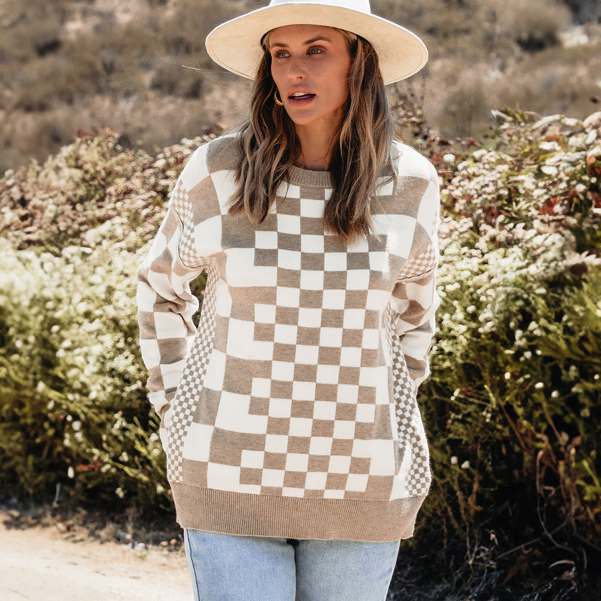 Khaki Checkered Print Drop Shoulder Round Neck Sweater