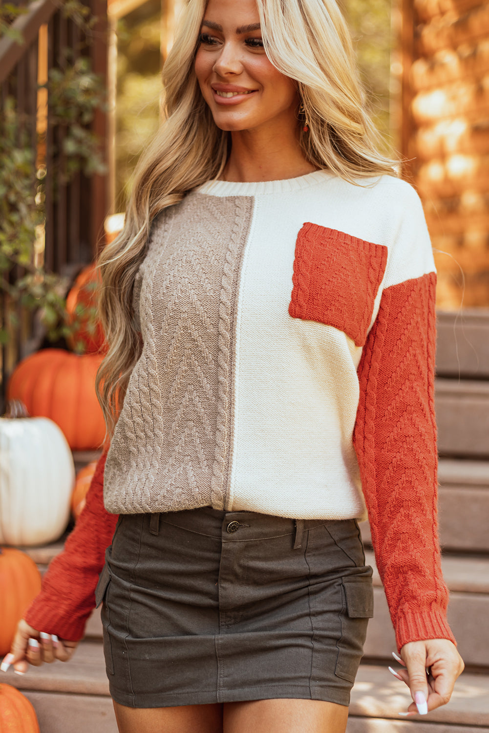 Khaki Checkered Print Drop Shoulder Round Neck Sweater