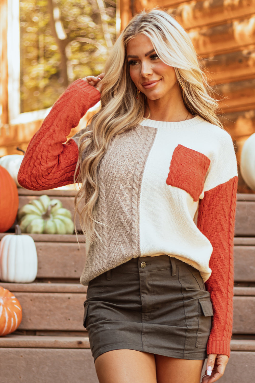 Khaki Checkered Print Drop Shoulder Round Neck Sweater