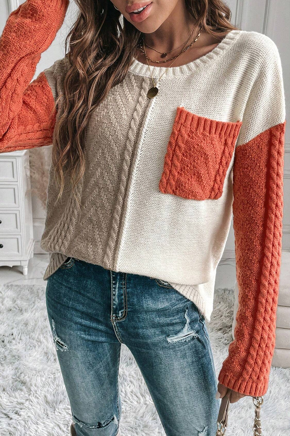 Khaki Checkered Print Drop Shoulder Round Neck Sweater