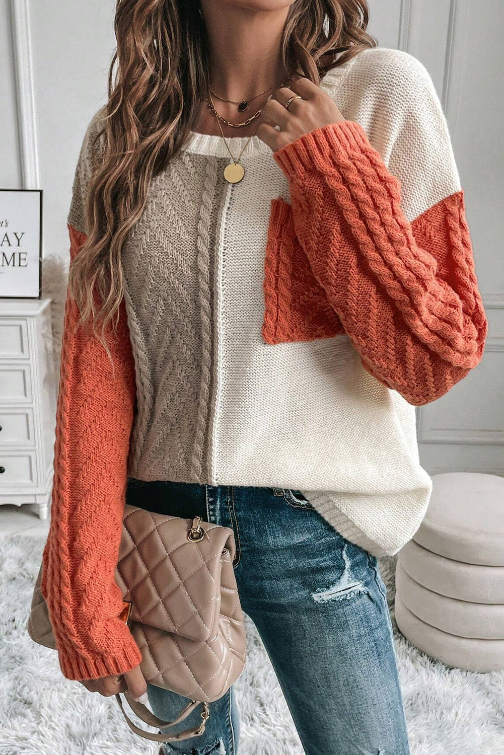 Khaki Checkered Print Drop Shoulder Round Neck Sweater