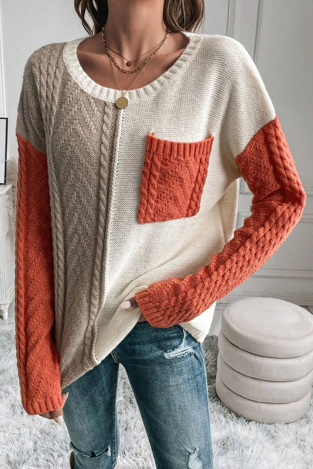 Khaki Checkered Print Drop Shoulder Round Neck Sweater