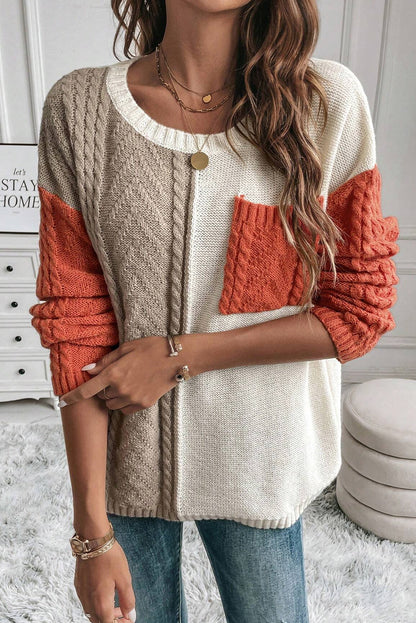 Khaki Checkered Print Drop Shoulder Round Neck Sweater