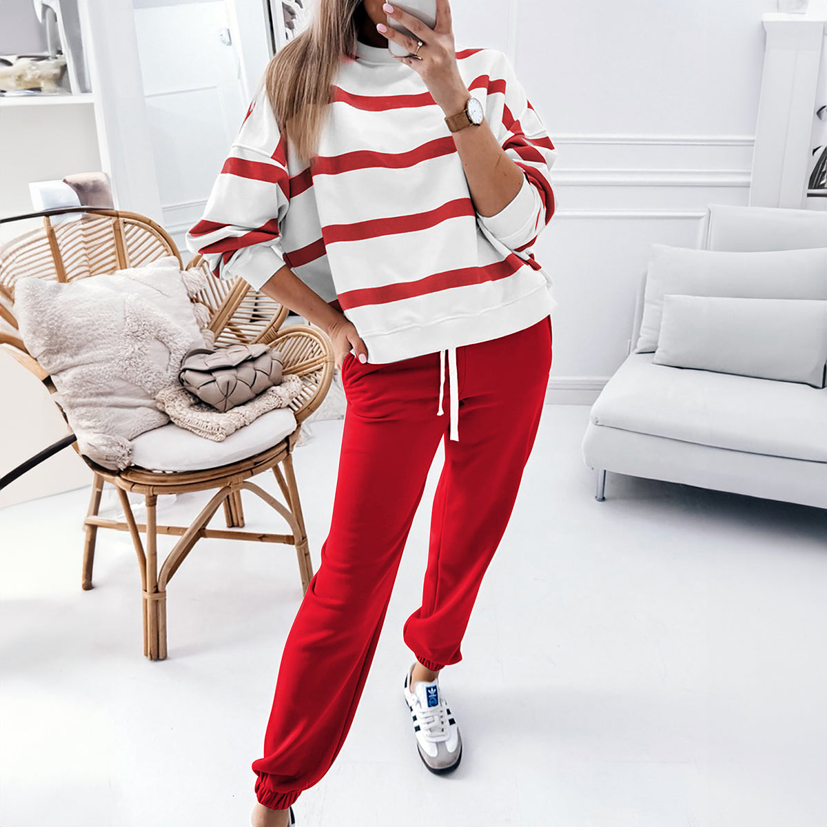 Red Stripe Drop Shoulder Pullover and Jogger Pants Set