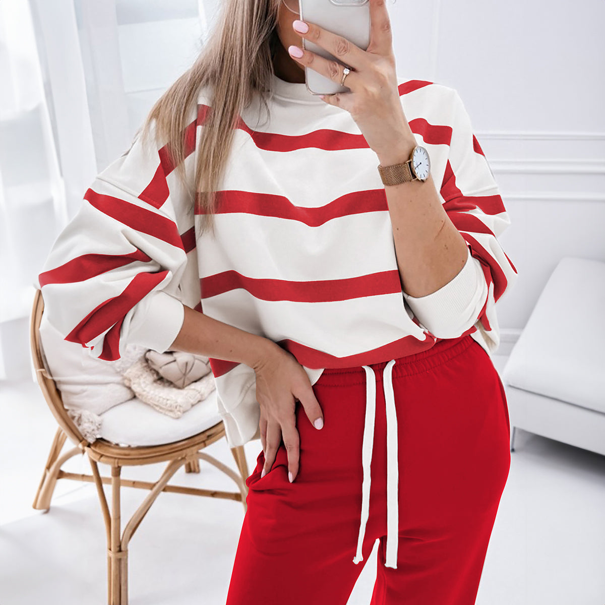 Red Stripe Drop Shoulder Pullover and Jogger Pants Set