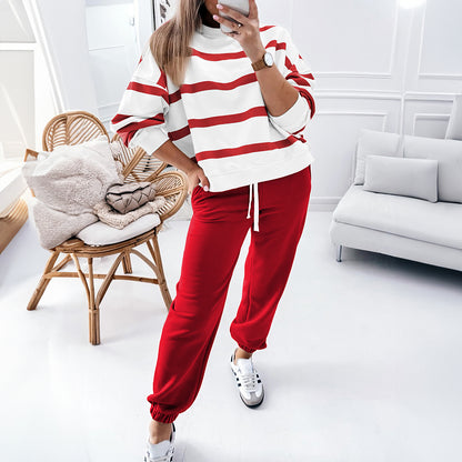 Red Stripe Drop Shoulder Pullover and Jogger Pants Set