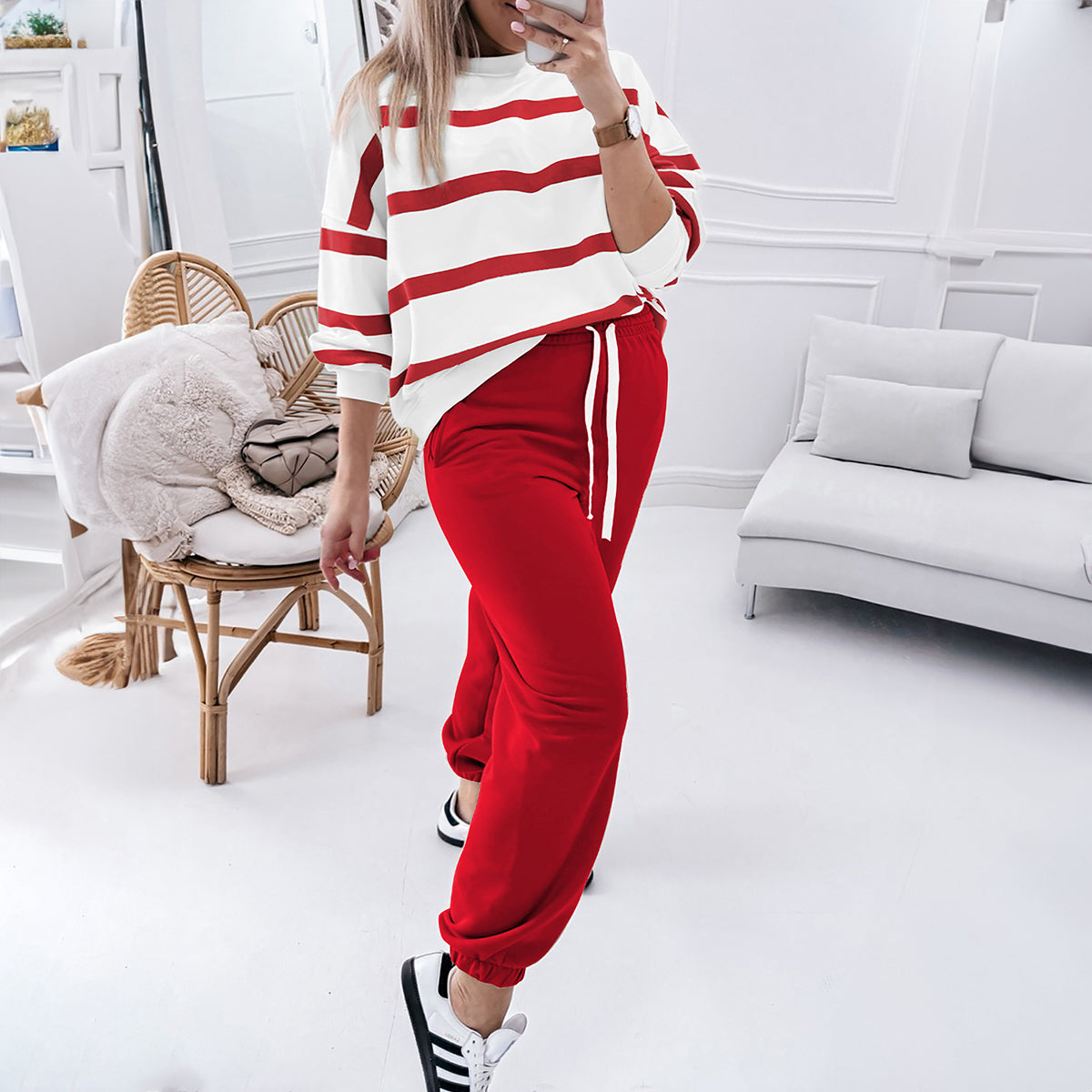 Red Stripe Drop Shoulder Pullover and Jogger Pants Set