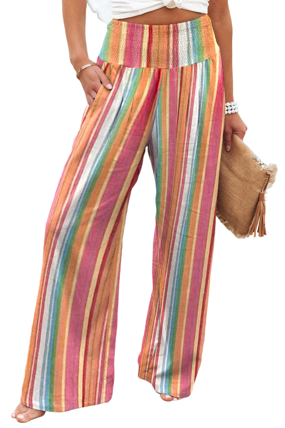 Colorful Elastic Waist Wide Leg Pants