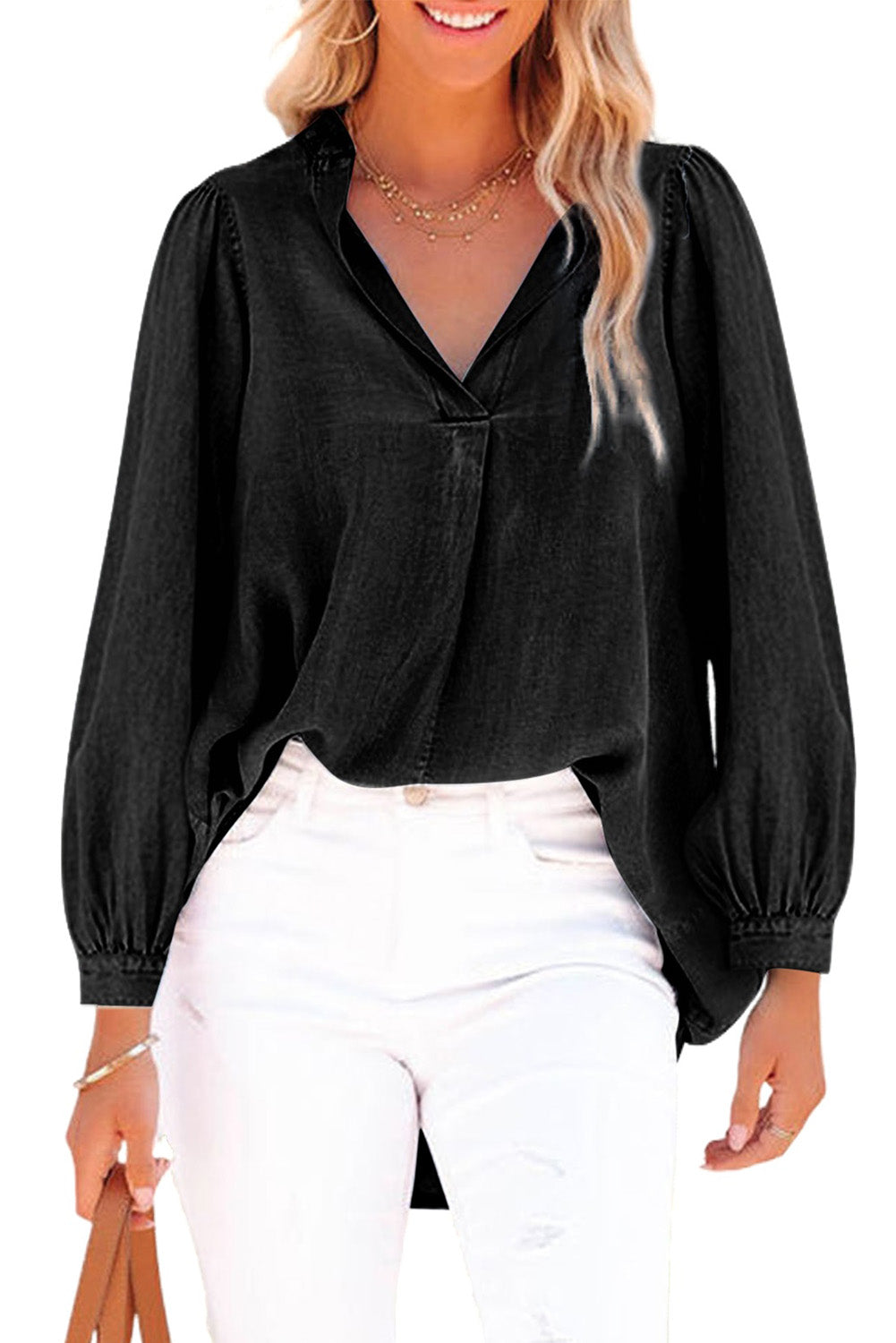 Black Split V-Neck Balloon Sleeve Ruched Denim Top