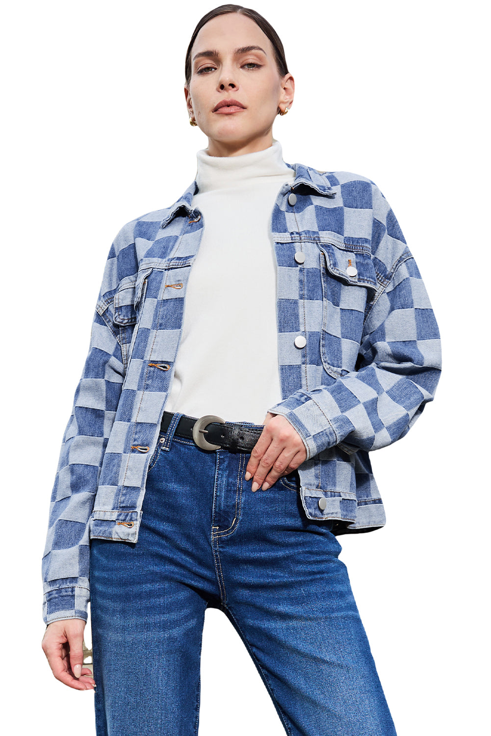 Light Blue Checkered Patchwork Button up Denim Jacket