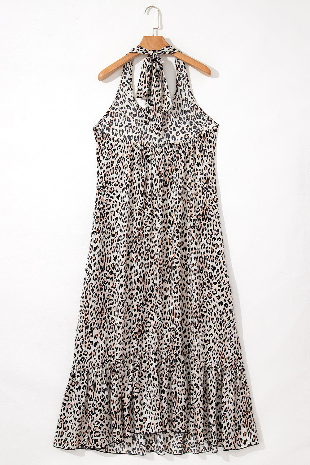 Brown Leopard Printed Halter Neck Backless Ruffled Hem Maxi Dress